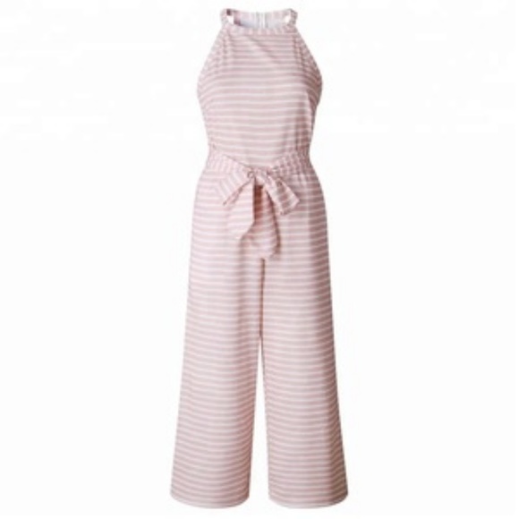 Pink Striped Halter Neck Wide Leg Jumpsuit Romper. - Picture 2 of 6